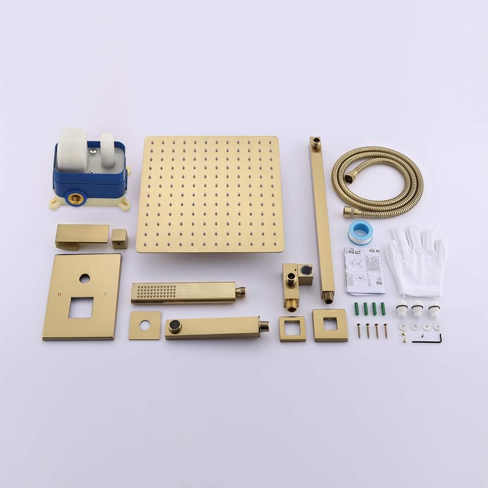 Iriber Brushed Gold Rain Shower System with Waterfall Tub Spout 3 Function Shower Faucet Set Contain 12 Inch Shower Head and Handheld Modern Bathroom Shower Trim Kit (Valve Cartridge Included)