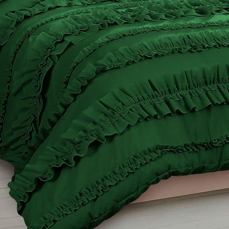 5 Piece Full Ruffles Layers Duvet Cover Set with Zipper Closure, 100% Egyptian Cotton, 1000 Thread Cotton - Full/Queen Size - Green Solid