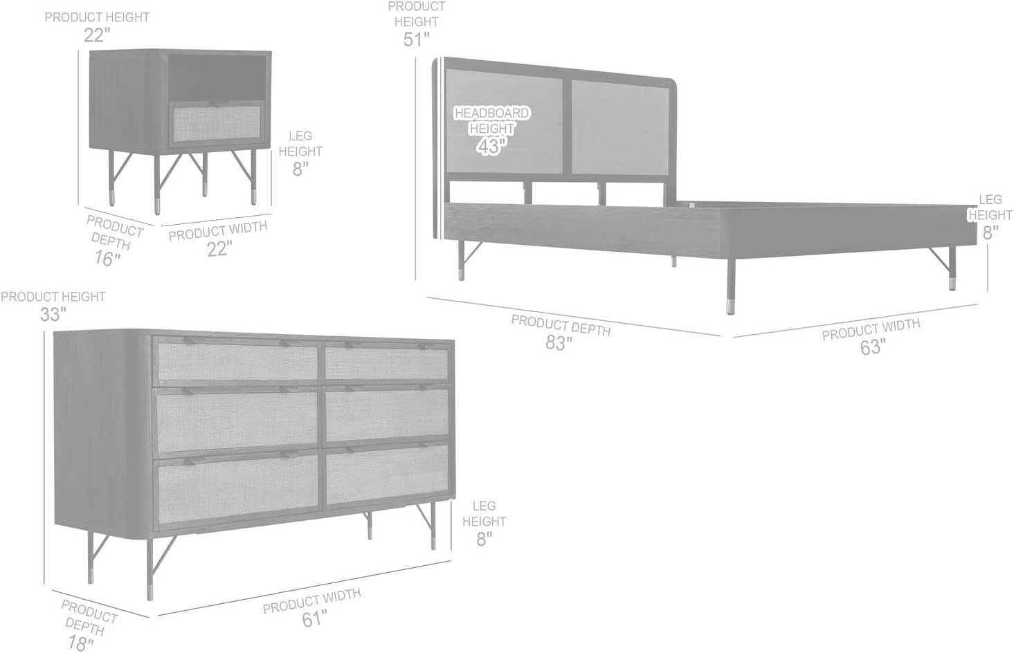 Armen Living Saratoga 4 Piece Queen Bedroom Set in Black Acacia Wood and Rattan