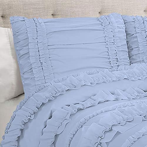 5 Piece Full Ruffles Layers Duvet Cover Set with Zipper Closure, 100% Egyptian Cotton, 1000 Thread Cotton - Full/Queen Size - Light Blue Solid