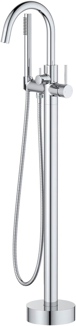 KIBI Circular Floor Mount Bathtub Faucet with Hand Shower | Single Handle Freestanding Tub Filler | Modern Bath Faucet | Chrome Finish | Solid Brass | KTF301