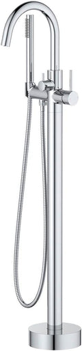 KIBI Circular Floor Mount Bathtub Faucet with Hand Shower | Single Handle Freestanding Tub Filler | Modern Bath Faucet | Chrome Finish | Solid Brass | KTF301