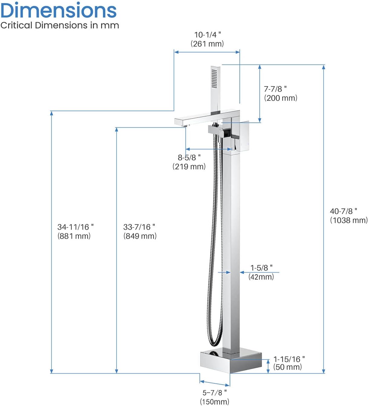 KIBI Freestanding Bathtub Faucet with Hand Shower, Floor Mounted Tub Filler – Single Handle Solid Brass Bathroom Faucet with Ceramic Cartridge & Stainless Steel Hose, Chrome Finish (KTF302CH)