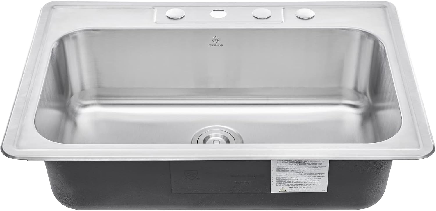CozyBlock 33 x 22 x 9 Inch Top-mount/Drop-in Stainless Steel Single Bowl Kitchen Sink with Strainer and Silicon Dishrack - 18 Gauge Stainless Steel-4 Faucet Hole