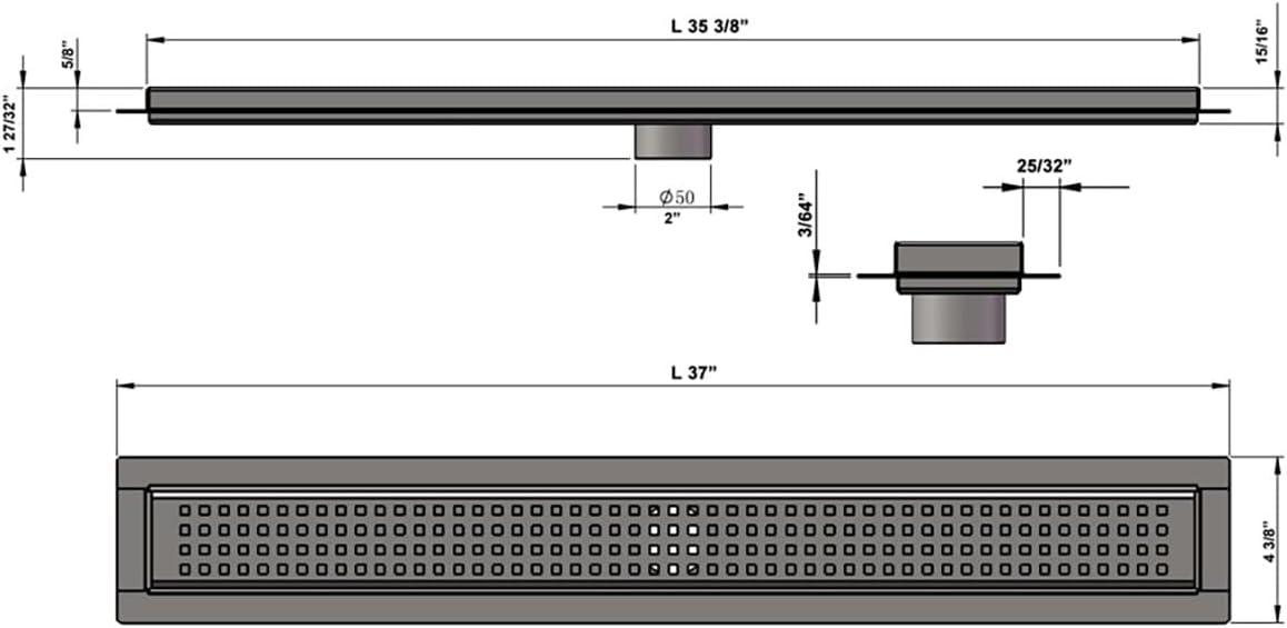 Royal Linear Shower Drain Stainless Steel Traditional Square By Serene Steam 35 5/8