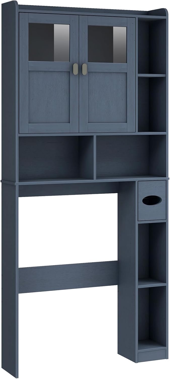 Vabches Over The Toilet Storage Cabinet, Bathroom Shelf Over Toilet with Glass Doors and Adjustable Shelves, Navy Blue Freestanding Home Space Save Toilet Rack, for Restroom, Bathroom, Laundry