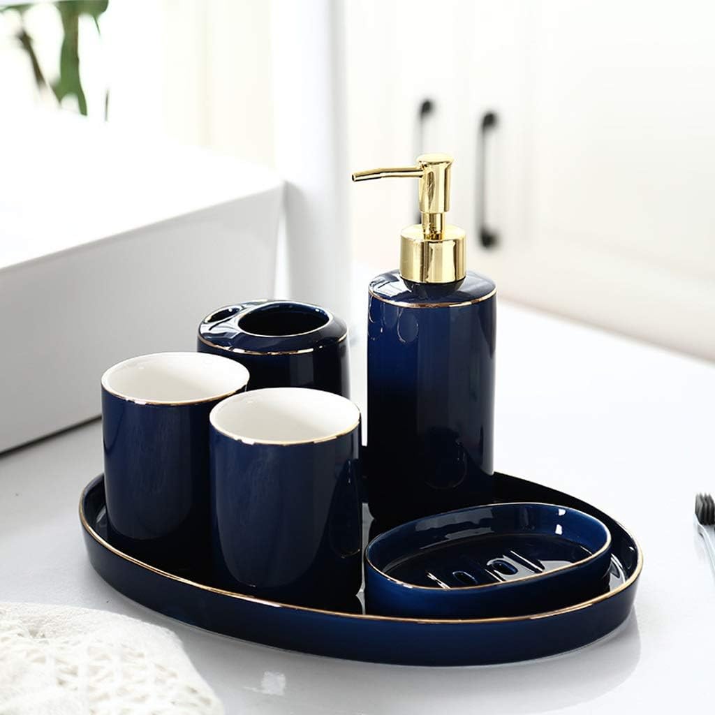 Kitchen Soap Dispenser Dark Blue Gold Edge Ceramic Bathroom Accessories Supplies Six-piece Set Containing Soap Dispenser Mouthwash Cup Toothbrush Holder Soap Box and Tray Countertop Soap Dispensers