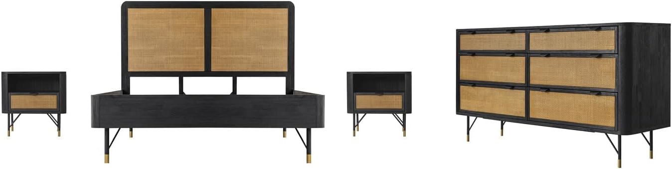 Armen Living Saratoga 4 Piece Queen Bedroom Set in Black Acacia Wood and Rattan
