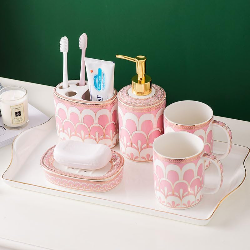 Bathroom Accessories Set, 6 Piece Ceramic Bath Accessory Completes with Soap Lotion Dispenser Pump Toothbrush Holder Tumbler Soap Dish, Tray Great for Modern Bath Sink Tub Decor (Pink Gold Stripes)