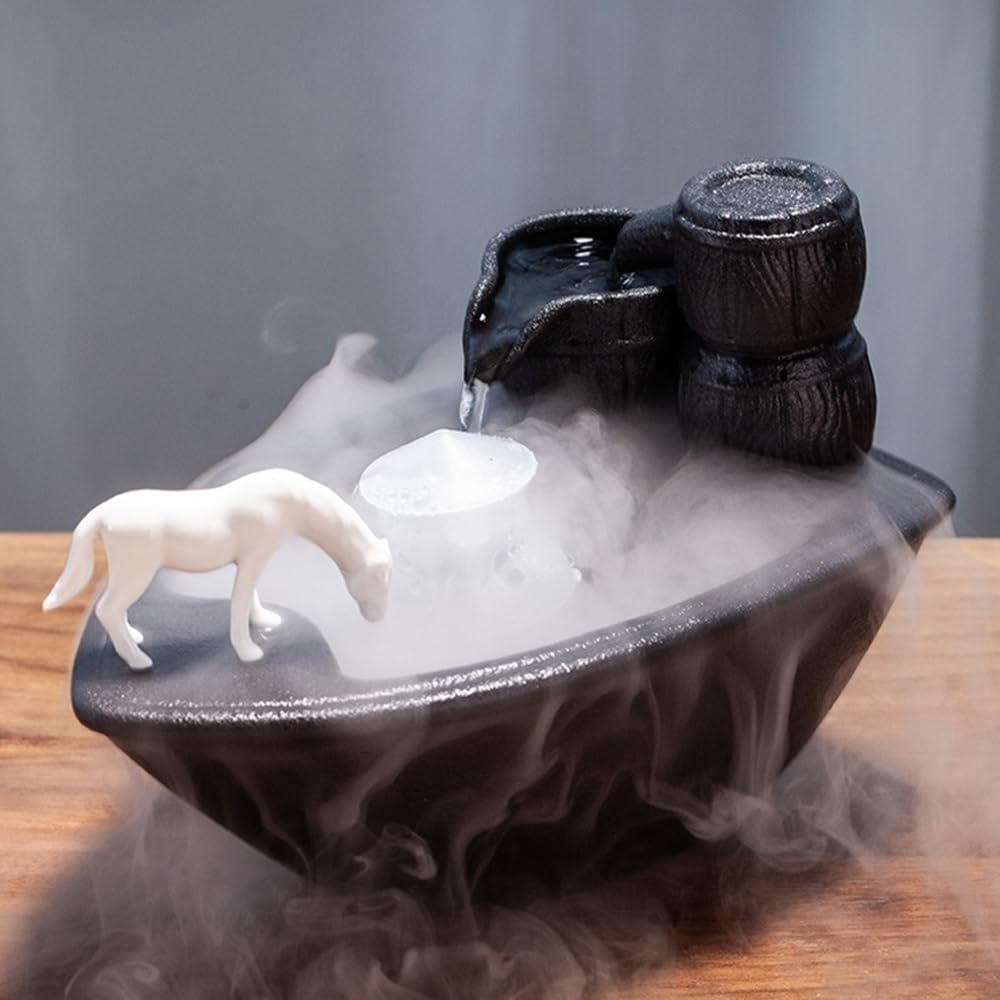 GRFIT Indoor Fountain White Horse Desktop Drinking Water Fountain, Recycled Resin, Small Fountain for Home Decoration, Tranquility Tabletop Fountain