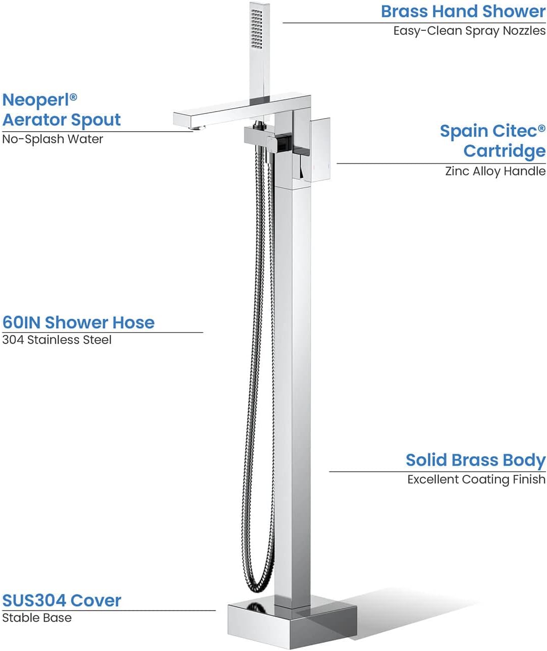 KIBI Freestanding Bathtub Faucet with Hand Shower, Floor Mounted Tub Filler – Single Handle Solid Brass Bathroom Faucet with Ceramic Cartridge & Stainless Steel Hose, Chrome Finish (KTF302CH)