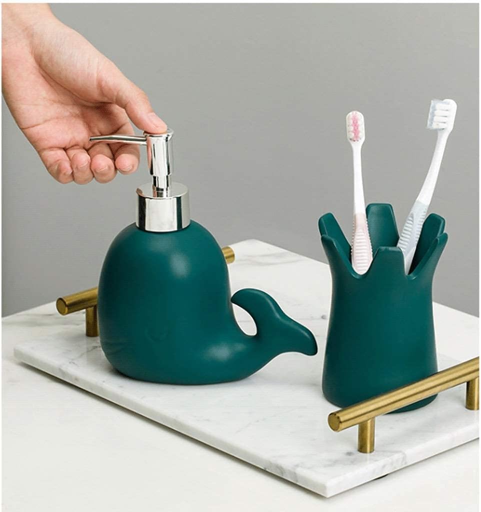 Soap Dispenser Decoration Bath Accessory Set 5 Piece Ceramic Bath Accessory Set Includes Liquid Soap or Lotion Dispenser Kids Whale Bathroom Design Blue (Color: Navy Blue A) Soap Dispenser