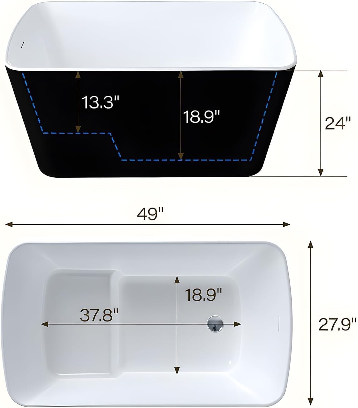 Garvee 49 Inch Acrylic Soaking Bathtub, Modern Square Design, Deep Ergonomic Tub with Matte Drain & Black Overflow, Double-Walled Insulation, Glossy White, CUPC Certified