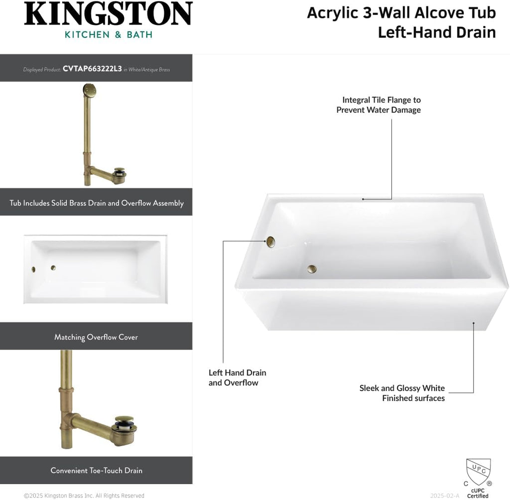 Aqua Eden CVTAP663222L7 66' Acrylic Rectangular 3-Wall Alcove Tub, Left Hand Drain, Glossy White/Brushed Brass