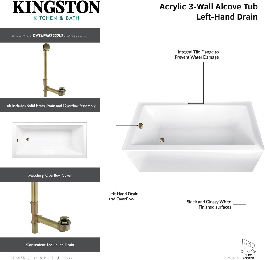 Aqua Eden CVTAP663222L7 66' Acrylic Rectangular 3-Wall Alcove Tub, Left Hand Drain, Glossy White/Brushed Brass