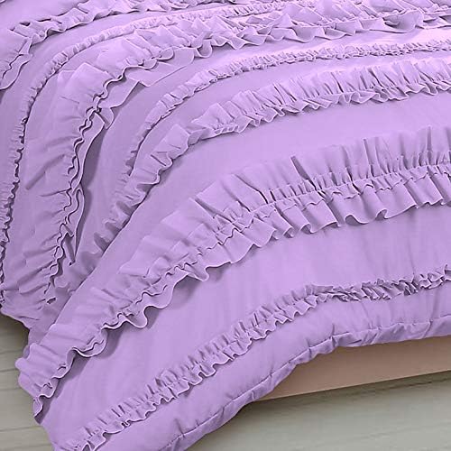 5 Piece Full Ruffles Layers Duvet Cover Set with Zipper Closure, 100% Egyptian Cotton, 1000 Thread Cotton - Full/Queen Size - Lavender Solid