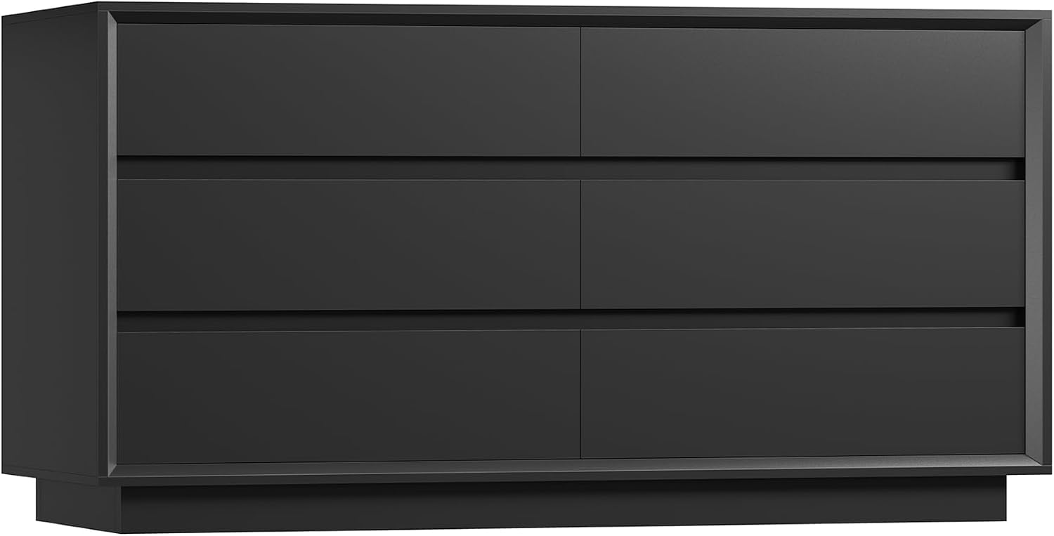 TEENFON 55' Dresser for Bedroom with 6 Drawers, Black Dresser with Metal Slide, Bedroom Dressers, Wood Dressers & Chests of Drawers for Bedroom, Hallway, Black