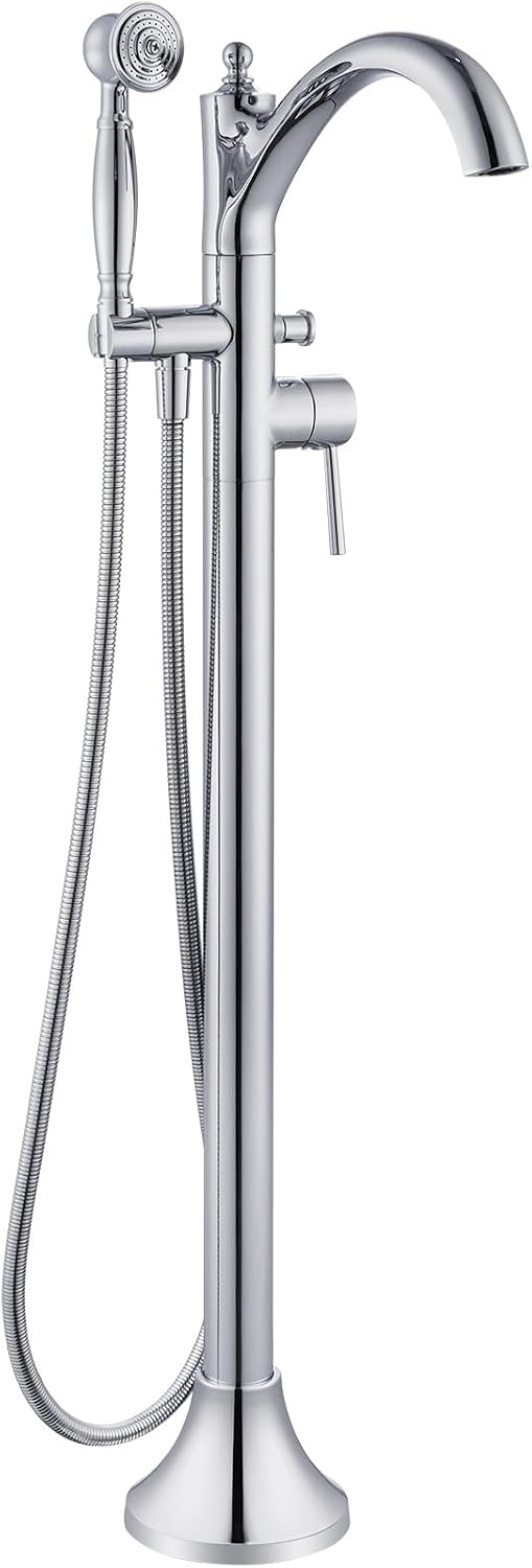 Free Standing Tub Faucet, Classic Freestanding Bathtub Faucet with Vintage Hand Shower Brass High Flow Rate Floor Mount Tub Filler Swivel Spout Soaker Tub Faucets Polished Chrome (WT-9002CP)