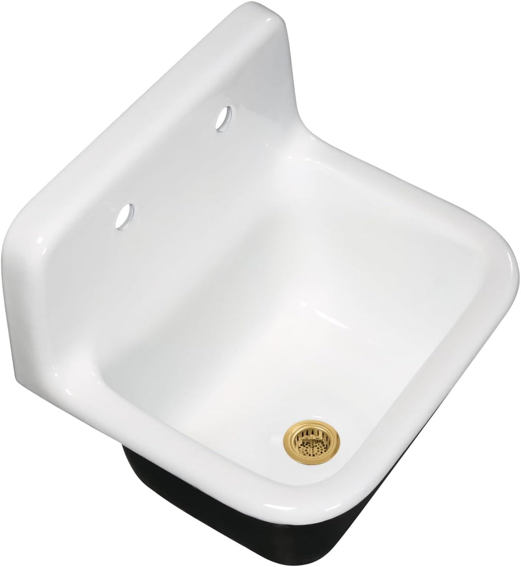 Kingston Brass Petra Galley KGCKWS2218227 Cast Iron Single Bowl Wall Mount Kitchen Sink with 2-Hole Drain and Strainer, White/Brushed Brass