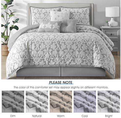 LANCO MODERN LIFESTYLE 7 Pieces Comforter Set, King, White Grey, Jacquard Floral Pattern and Classy Damask Medallion Design, Ultra Soft, Includes Bed Skirt, Shams, and Decorative Pillows