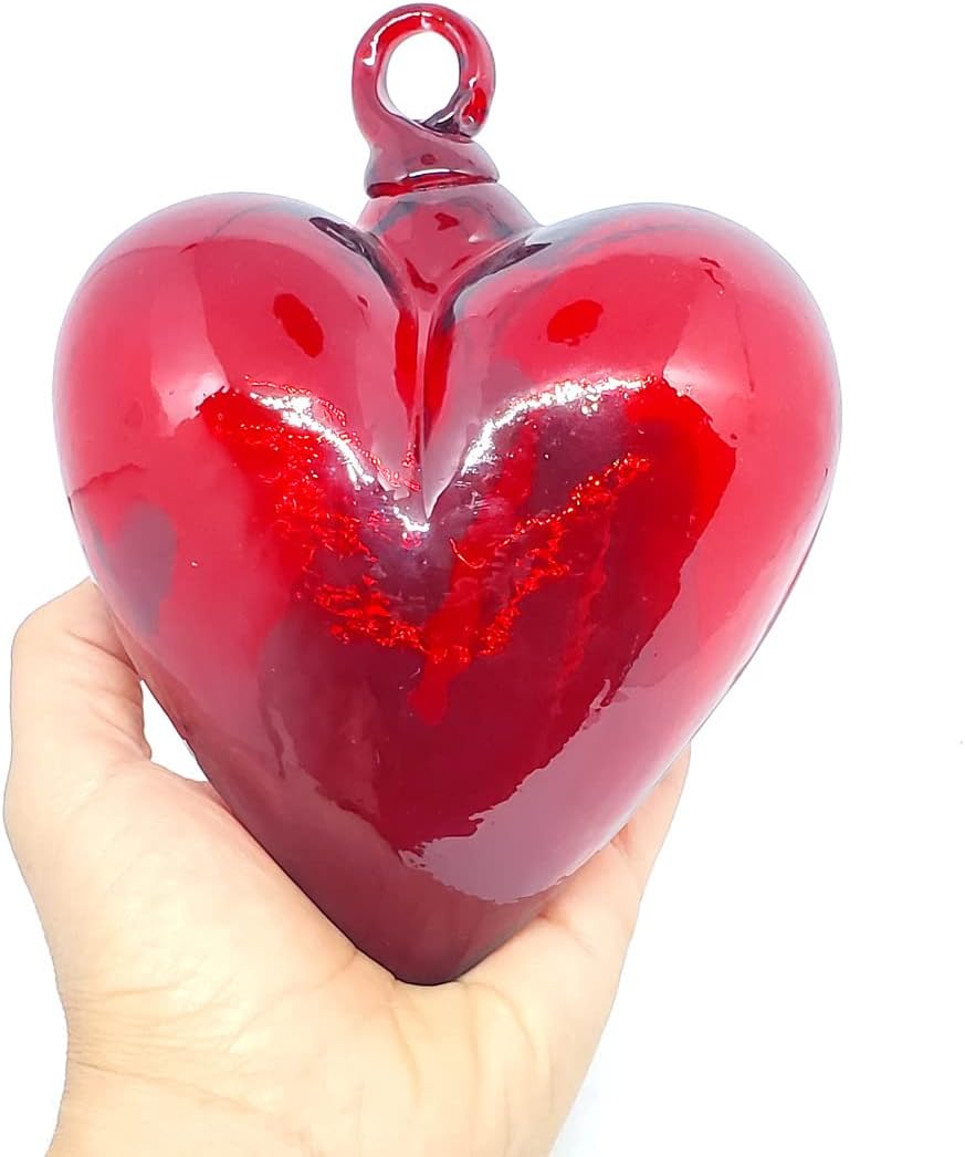 Red 5.1 inch Large Hanging Glass Hearts (Set of 6), Recycled Blown Glass (LGE Red Hearts)