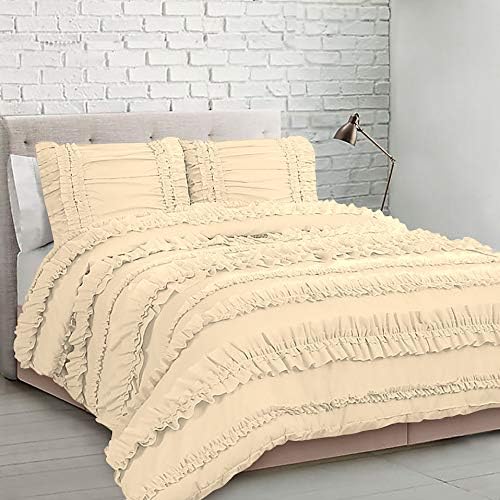 5 Piece Full Ruffles Layers Duvet Cover Set with Zipper Closure, 100% Egyptian Cotton, 1000 Thread Cotton - Full/Queen Size - Ivory Solid