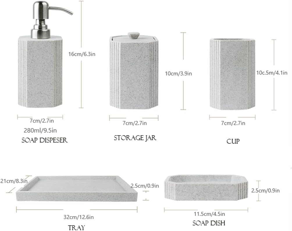 Bathroom Accessory Set Complete,Vertical Stripe Design Bathroom Set Gray,Lotion Dispenser,Soap Dish,Storage Jar,Tumbler,Tray Set(Grey 6 Pack)