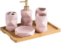 6 Piece Bathroom Accessories Set Geometric Design Ceramics Tumbler Dispenser Soap Dish Cups Toothbrush Holder and Bamboo Tray Liquid Dispenser (Color : Pink)