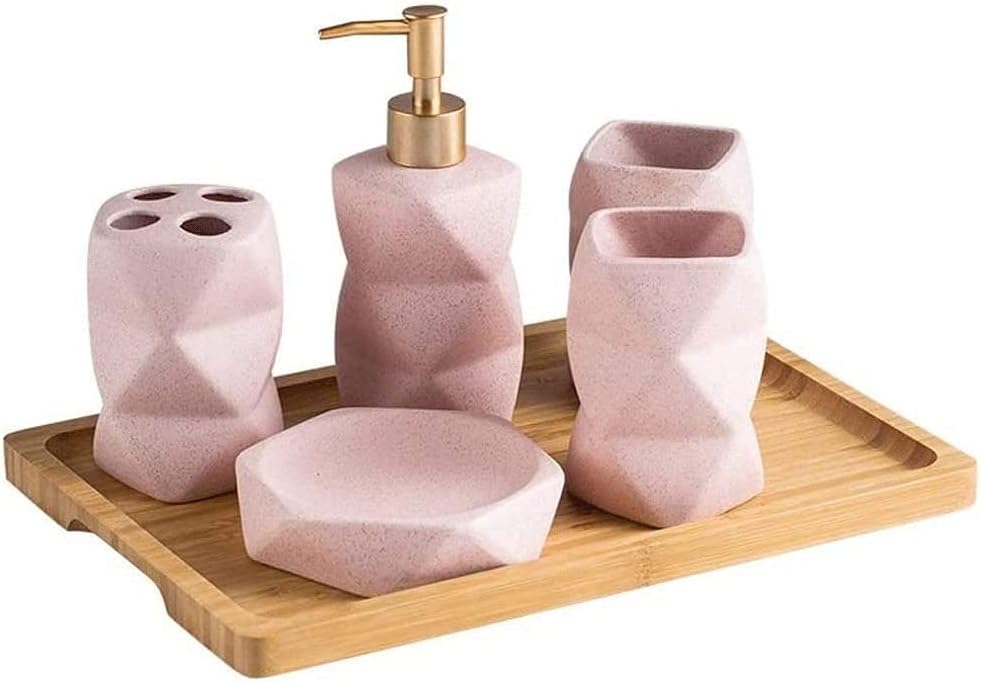 6 Piece Bathroom Accessories Set Geometric Design Ceramics Tumbler Dispenser Soap Dish Cups Toothbrush Holder and Bamboo Tray Liquid Dispenser (Color : Pink)
