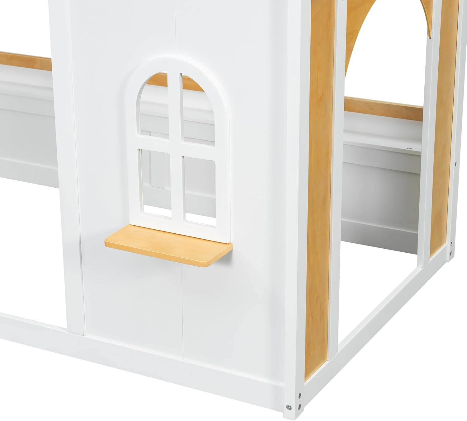 MERITLINE Twin Over Twin Bunk Bed with Storage Shelves,Window,and Doors,Solid Wood Floor House Bunk Bed with Storage, Ladder and Guardrails for Teens Adults