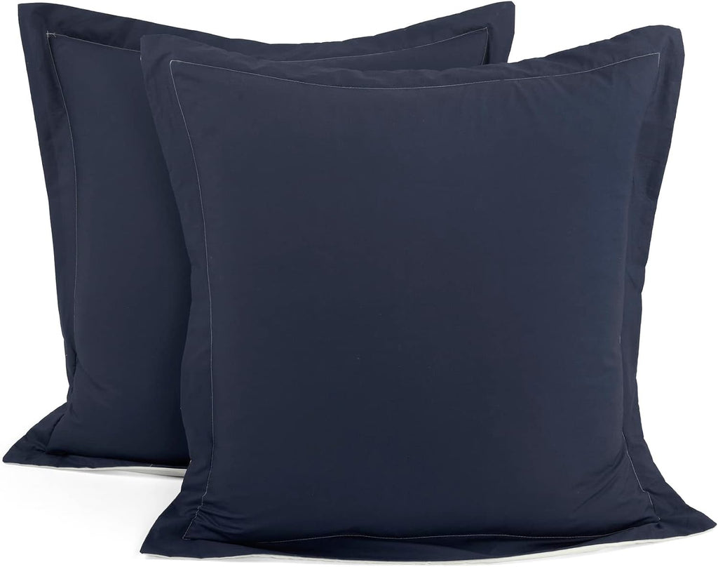 Lush Decor Linen Button Farmhouse 5 Piece Comforter Set, Full/ Queen, Navy - Rustic Chic Bedding Set With Euro Shams - Modern Color Block Design With Coconut Husk Button Detail