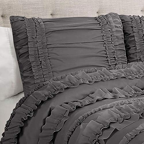 5 Piece Full Ruffles Layers Duvet Cover Set with Zipper Closure, 100% Egyptian Cotton, 1000 Thread Cotton - Full/Queen Size - Dark Grey Solid