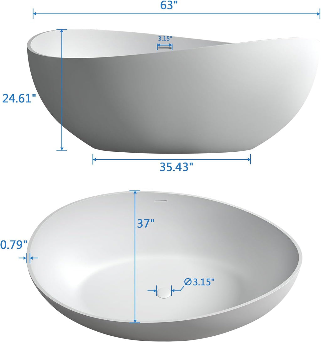 63'' Solid Surface Freestanding Bathtub Matte Soaking Bathtubs Tubs Oval Resin Stone Bathtubs with Overflow and Pop-up Drain - White Free Standing Tub