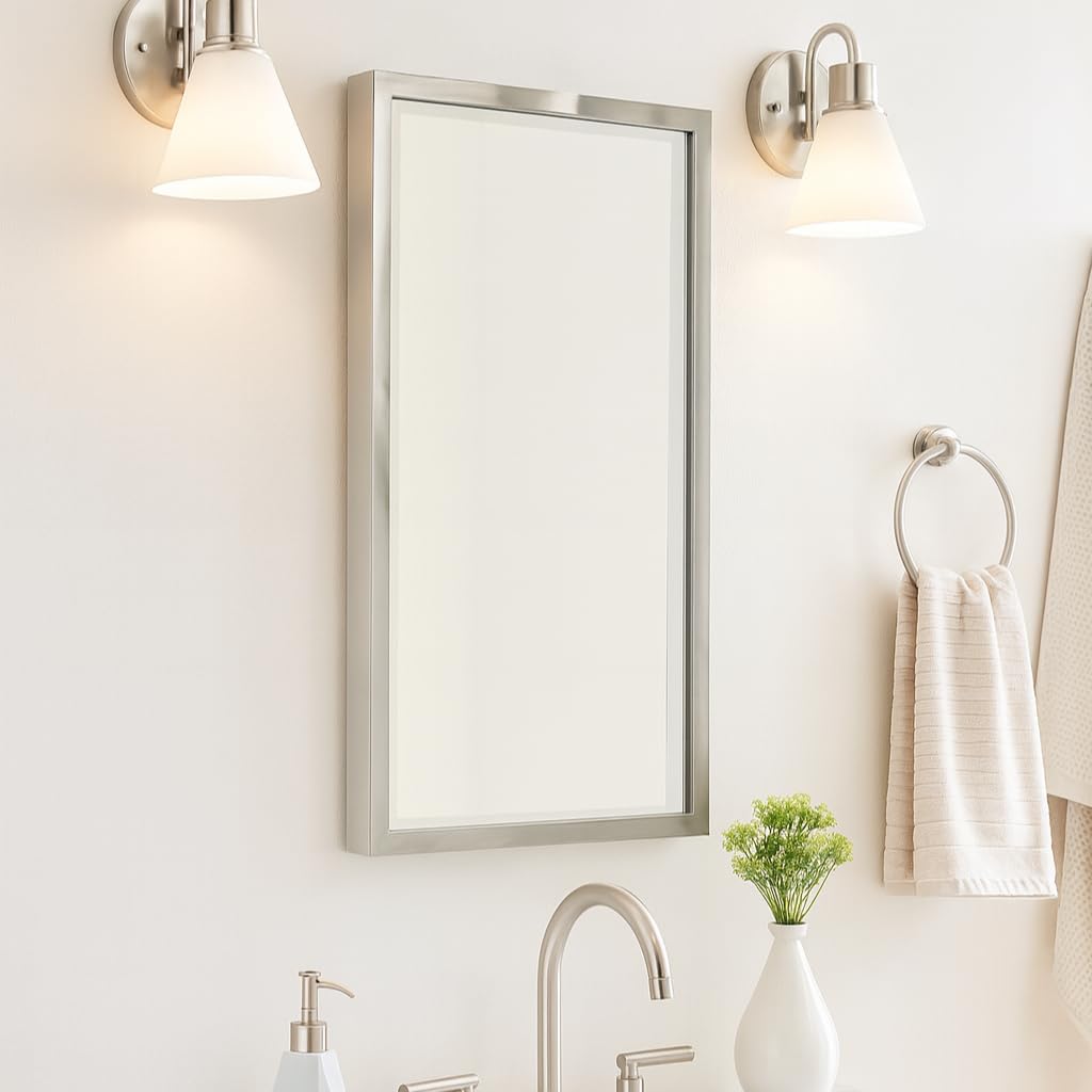 TEHOME Brush Nickel Metal Framed Recessed Bathroom Medicine Cabinet with Mirror Rectangle Tilting Beveled Vanity Mirrors for Wall 16 x 24 inches