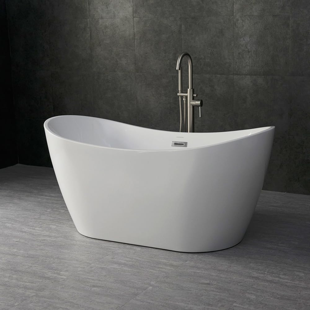WOODBRIDGE 59' Acrylic Freestanding Bathtub Contemporary Soaking White Tub with Chrome Overflow and Drain