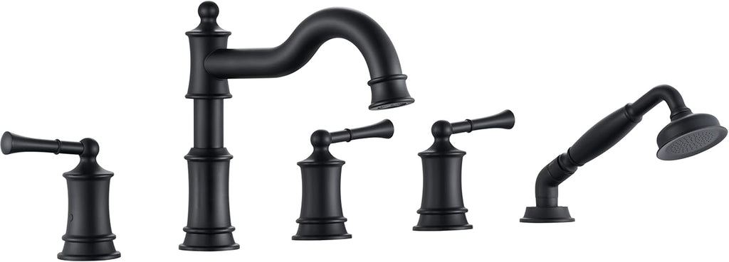 Roman Tub Faucet Set With Handheld Shower 5 Hole Deck Mount Tub Filler With Diverter, 3 Lever Handle Rough-in Valve and Water Supply Lines Included for Bathroom Tub, Matte Black