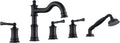 Roman Tub Faucet Set With Handheld Shower 5 Hole Deck Mount Tub Filler With Diverter, 3 Lever Handle Rough-in Valve and Water Supply Lines Included for Bathroom Tub, Matte Black