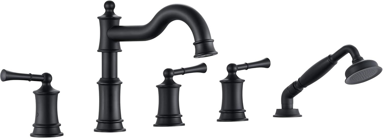 Roman Tub Faucet Set With Handheld Shower 5 Hole Deck Mount Tub Filler With Diverter, 3 Lever Handle Rough-in Valve and Water Supply Lines Included for Bathroom Tub, Matte Black