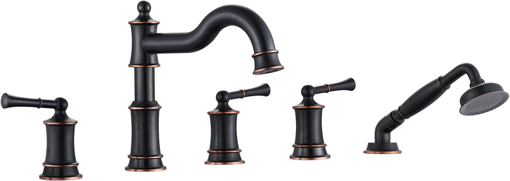 Roman Tub Faucet Set With Handheld Shower 5 Hole Deck Mount Tub Filler With Diverter, 3 Lever Handle Rough-in Valve and Water Supply Lines Included for Bathroom Tub, ORB