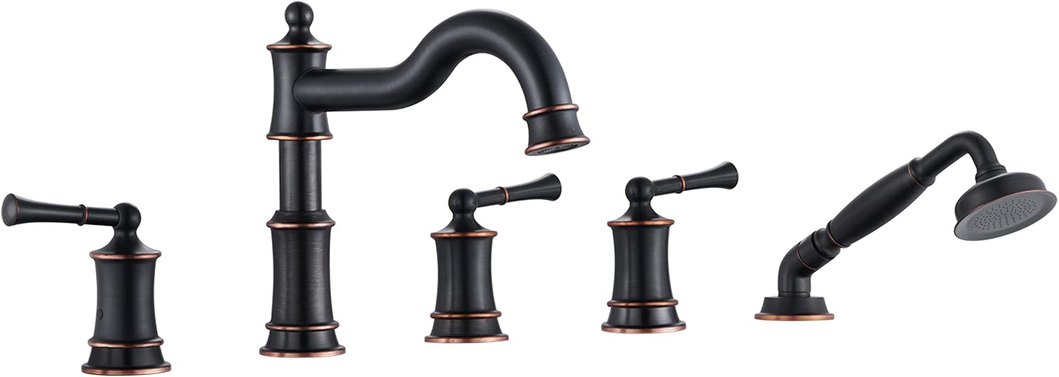 Roman Tub Faucet Set With Handheld Shower 5 Hole Deck Mount Tub Filler With Diverter, 3 Lever Handle Rough-in Valve and Water Supply Lines Included for Bathroom Tub, ORB