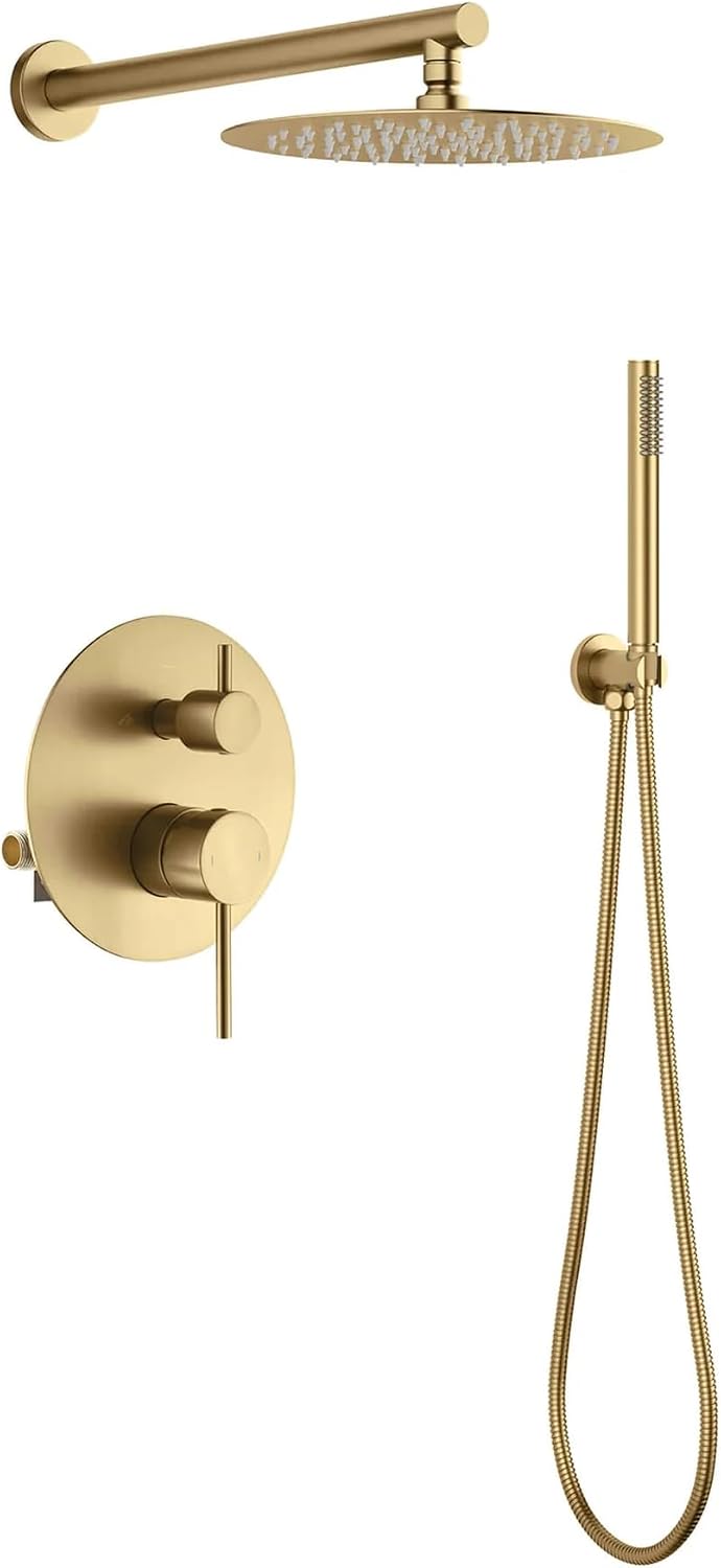 KIBI Circular Bathroom Shower System | 2-Function Wall Mounted Shower Faucet Set | Solid Brass Pressure Balanced Valve Construction | Durable and Leak-Free | Brushed Brass Finish (KSF403)