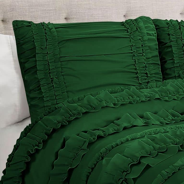 5 Piece Full Ruffles Layers Duvet Cover Set with Zipper Closure, 100% Egyptian Cotton, 1000 Thread Cotton - Full/Queen Size - Green Solid