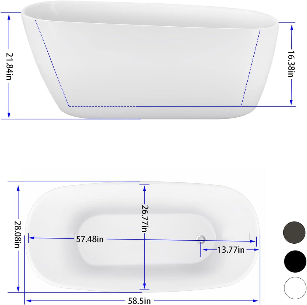 59' Acrylic Freestanding Bathtub, Single Slipper Free Standing Tub, Soaking Tub with Integrated Slotted Overflow, Toe-Tap Chrome Drain, cUPC Certified, Glossy White