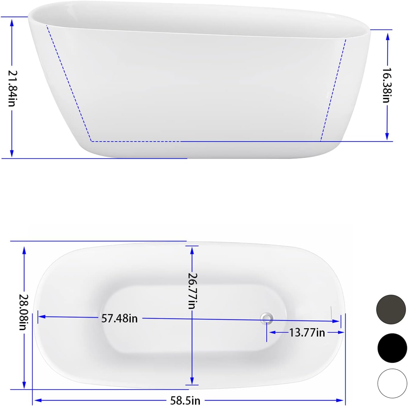 59' Acrylic Freestanding Bathtub, Single Slipper Free Standing Tub, Soaking Tub with Integrated Slotted Overflow, Toe-Tap Chrome Drain, cUPC Certified, Glossy White