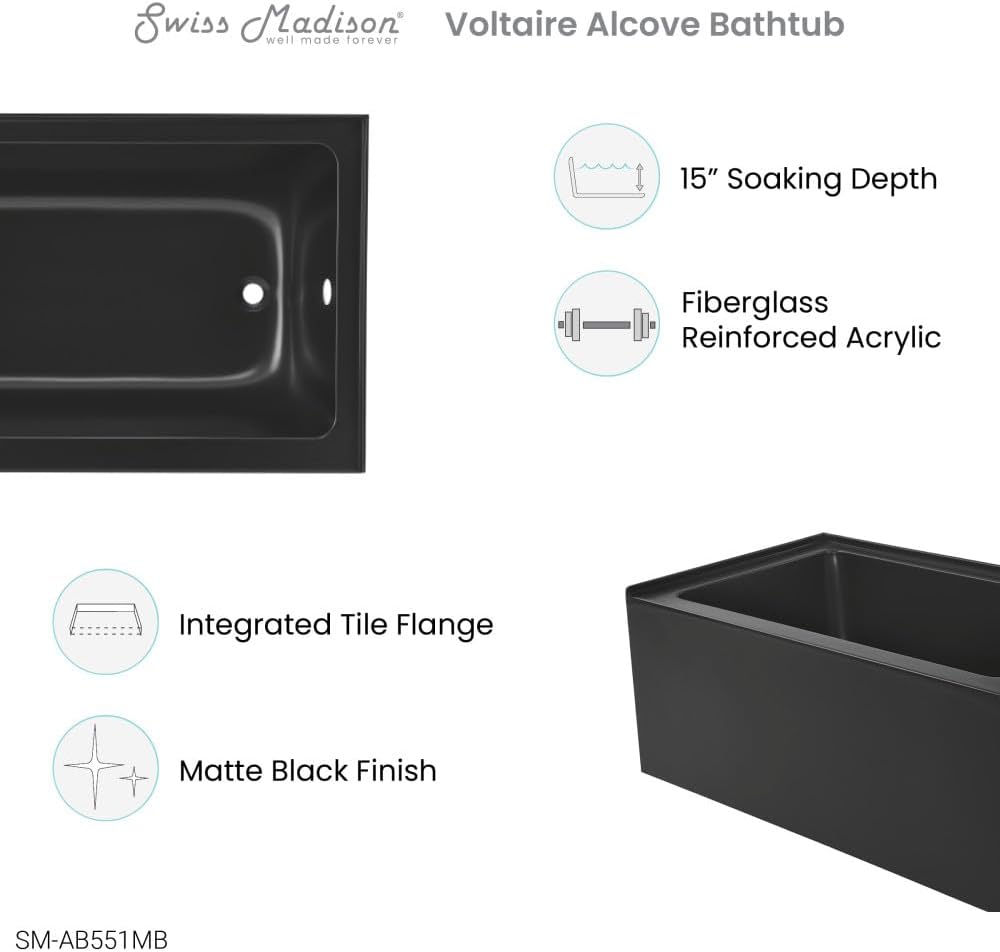 Voltaire 48' x 32' Right-Hand Drain Alcove Bathtub with Apron in Matte Black