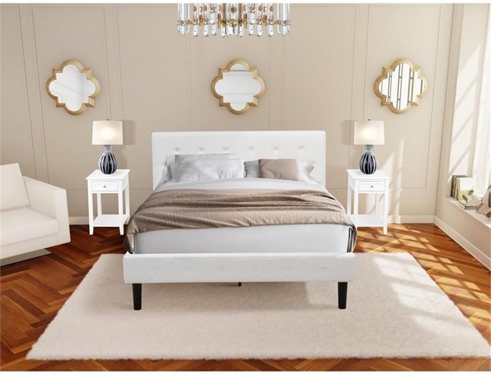 East West Furniture NL19Q-2DE05 3 Piece Bedroom Set - Queen Button Tufted Bed - Linen white Velvet Fabric and Upholstered Headboard and a Linen white Finish Nightstand
