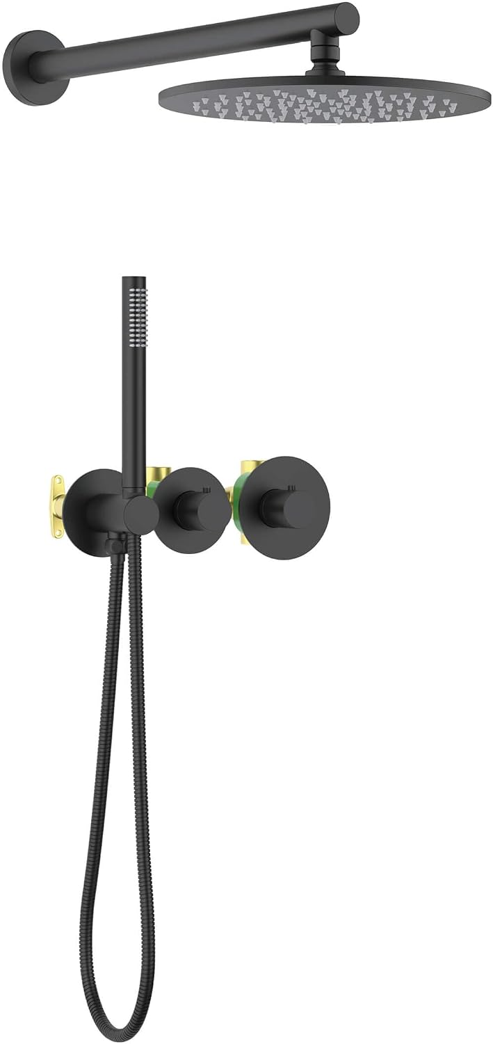 KIBI Circular Matte Black Thermostatic Shower System – Rainfall & Handheld Shower Head Set | 2-Function Shower Faucet Set with Rough-In Valve | Solid Brass Build & Temperature Control (KSF410MB)