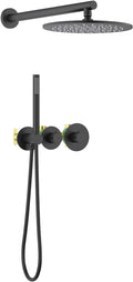 KIBI Circular Matte Black Thermostatic Shower System – Rainfall & Handheld Shower Head Set | 2-Function Shower Faucet Set with Rough-In Valve | Solid Brass Build & Temperature Control (KSF410MB)