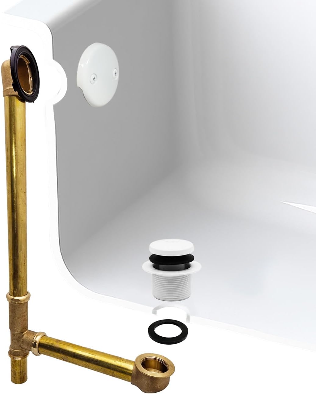 Westbrass D326-50 22-1/2' 17 Gauge Brass Bath Waste & Overflow Assembly with Tip-Toe Drain Plug and 2-Hole Faceplate, Powder Coat White