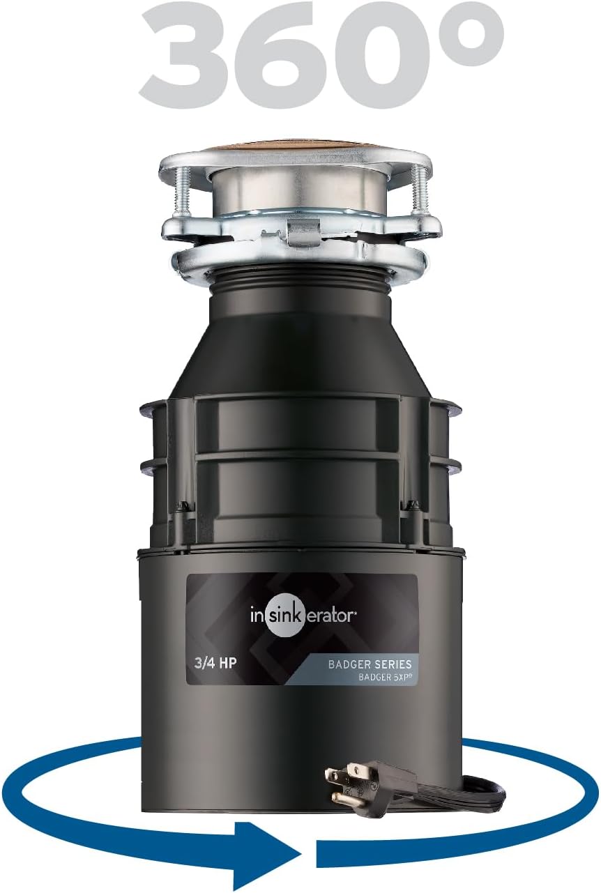 InSinkErator Badger 5XP Garbage Disposal with Power Cord, Badger Series 3/4 HP Continuous Feed Food Waste Disposer